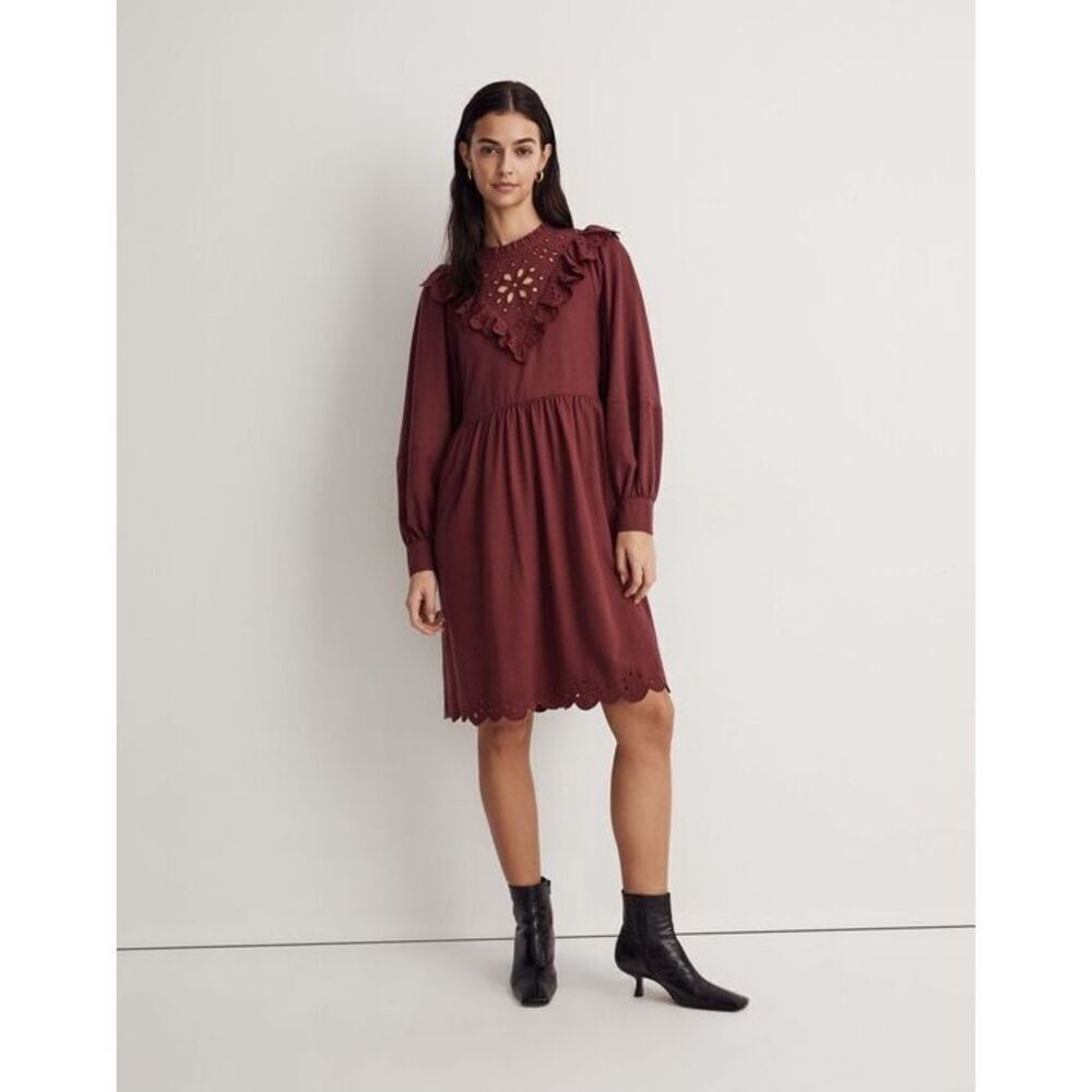 Madewell Embroidered Ruffled Flannel Mini Dress size XL Vintage Mulberry Red Lon